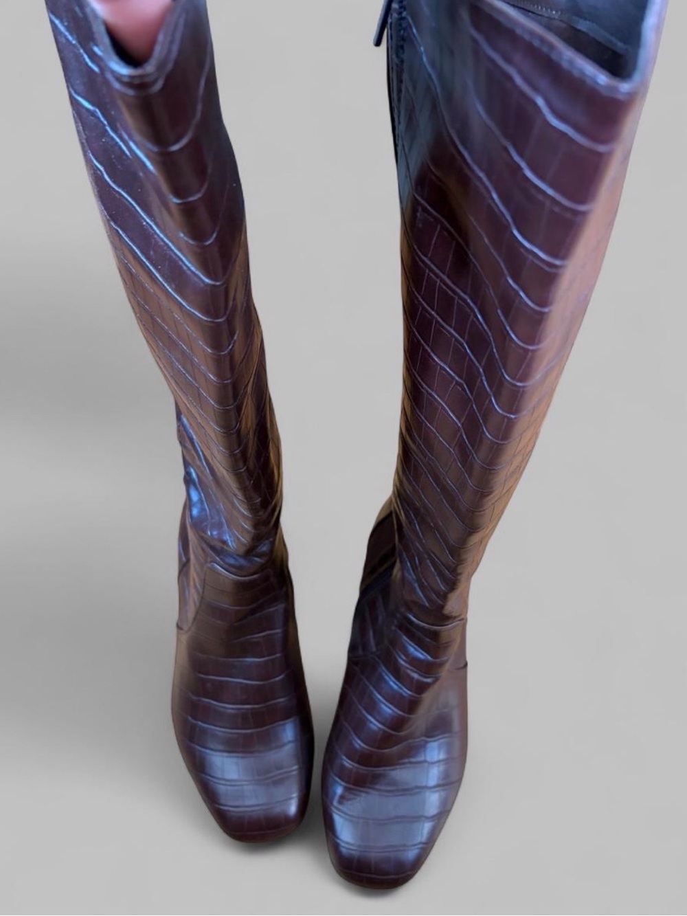 Knee-High Croc-Embossed Heeled Boots in Dark Brown